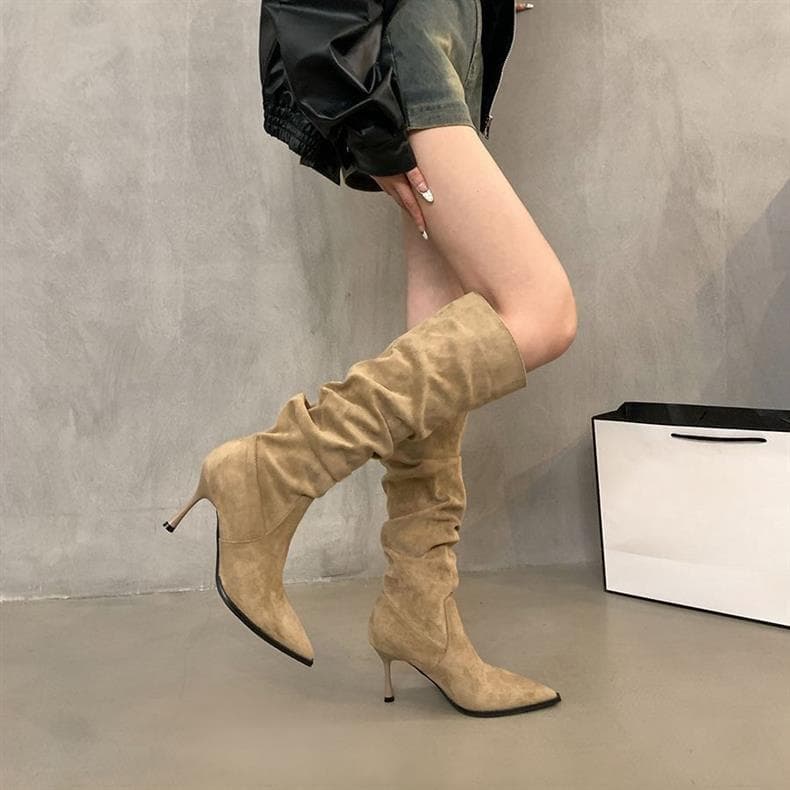 738-3 European and American Autumn Winter New Style Stiletto Pointed Toe Boots Pleated Stacked Boots Mid-Calf High Boots Women's Boots