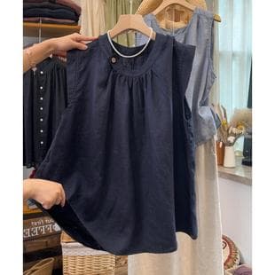 Navy Summer Cotton Linen Flutter Sleeve T-Shirt for Women Plus Size Casual Loose Linen-Blend Sleeveless Top Cotton Shirt