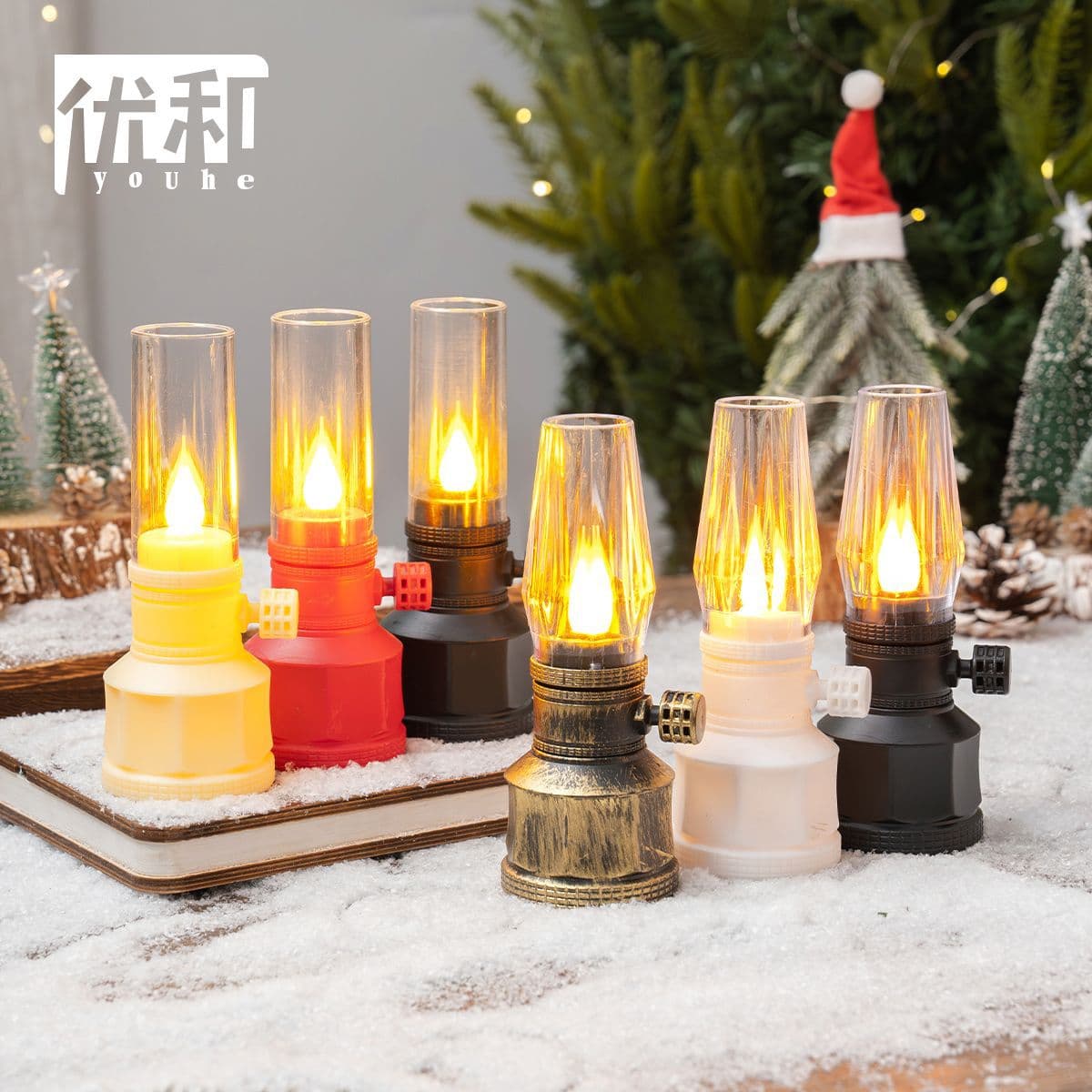 Retro camping lamp, electronic candle lamp, simulated vintage ornament, night light, wind lamp, desktop ornament, candlestick, atmosphere