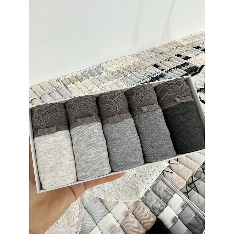 Early Autumn New Style Grayish Soft Fine Rib Retro Lace Bow High-Grade Gray Mid-High Waist Triangle Panties