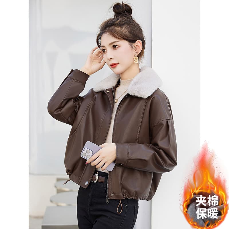 Trendy Faux Fur Collar PU Leather Jacket for Women 2024 Winter New Arrival Petite Short Loose Motorcycle Coat