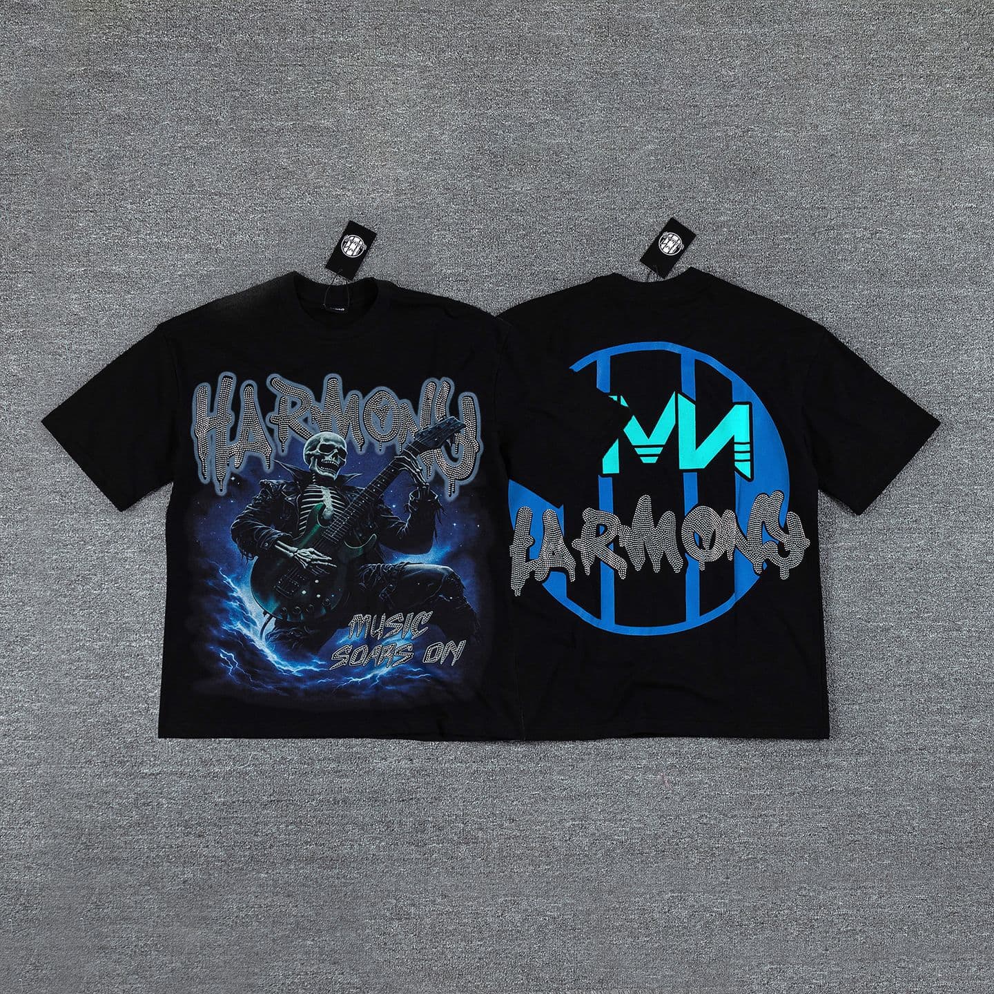 New American High Street HARMONY Rock Skull Short Sleeve Heavy Metal Guitar Heavy Rhinestone T-Shirt for Men and Women