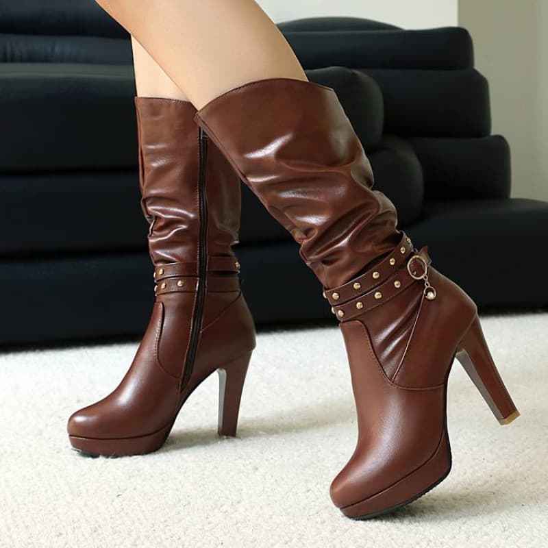 34-43 Size Autumn and Winter Versatile High Boots with Round Toe, Black Ultra-High Heel, Cross-Border Large Size Shoes, Chunky Heel, Side Zipper Women's Boots