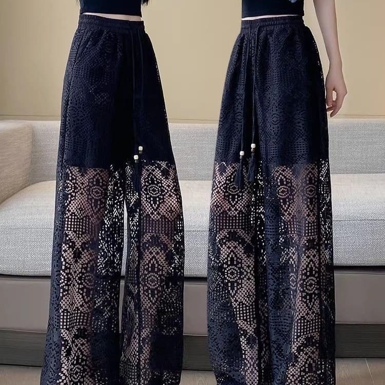 2026 New Lace Wide-Leg Pants for Women Plus Size 1.0-150kg Hollow-Out Straight-Leg Drapey Casual Pants for Plus-Size Women