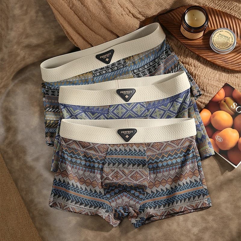 Ethnic Style Men's Boxer Briefs Cotton American Retro Mid-Rise Four-Corner Underpants TikTok Hot Sale