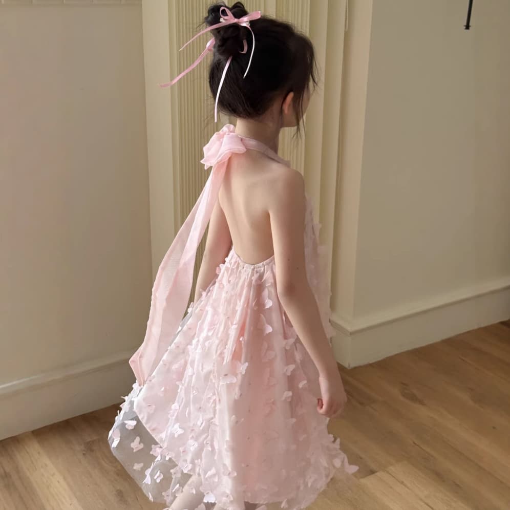 Children's Dress 2025 Summer Girls Three-dimensional Butterfly Mesh Backless Princess Dress Girl Sweet Resort Style Fairy Dress