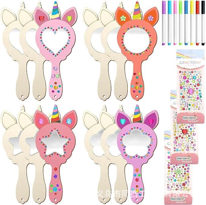 Wooden Toy Painted Mermaid DIY Handmade Craft Decoration Children's Hand Mirror with Handle
