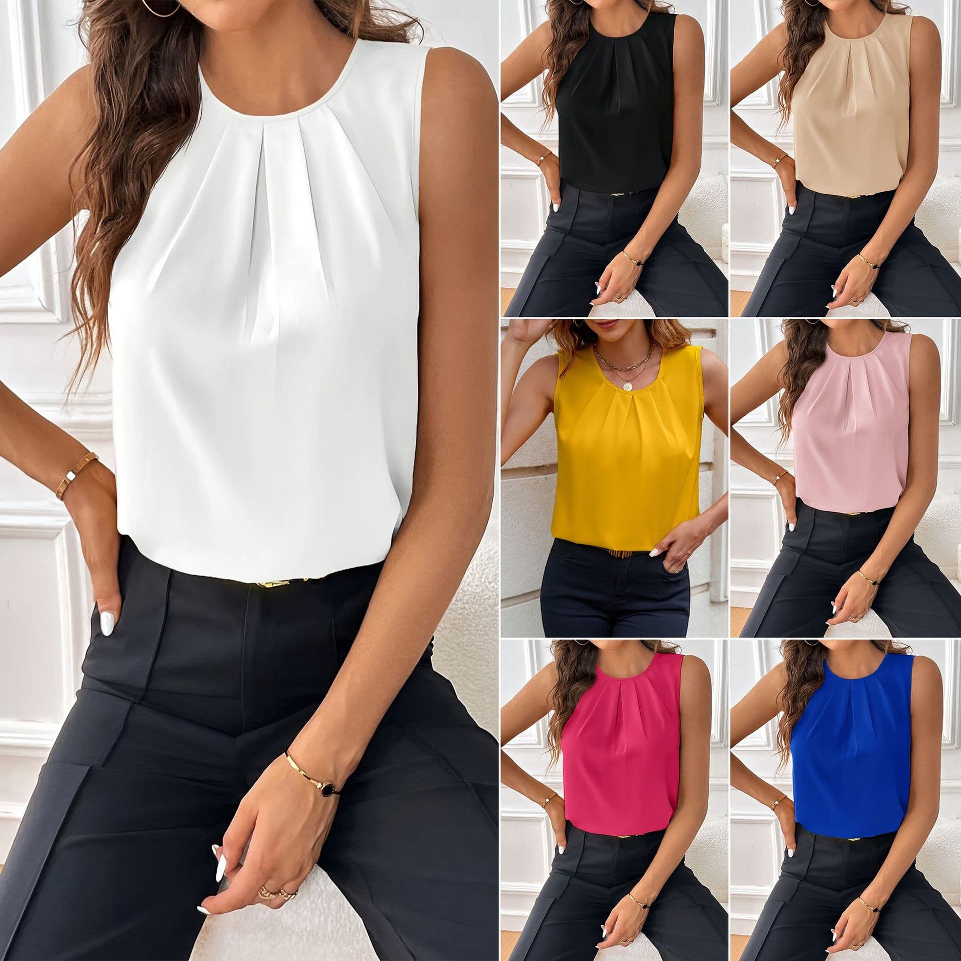 Amazon European American New Cross-border Sleeveless Commute Chic Top Blouse for Women