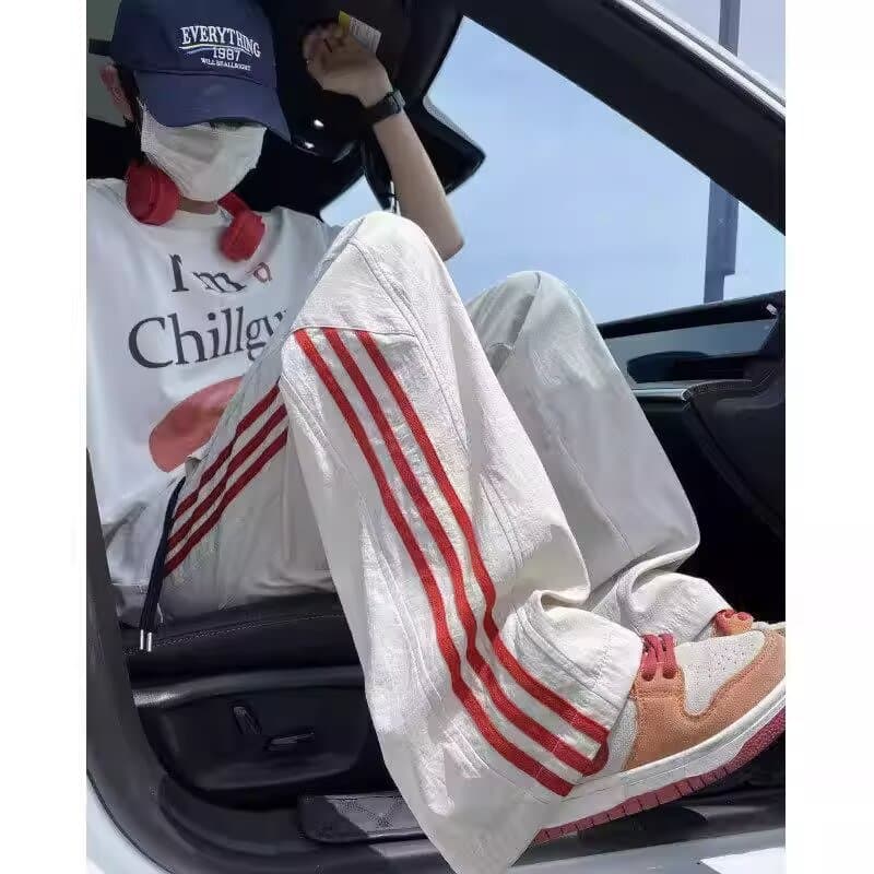 2026 Spring American Heavyweight Three-Stripe Sweatpants for Men, Floor-Length Wide-Leg Loose Straight Casual Pants