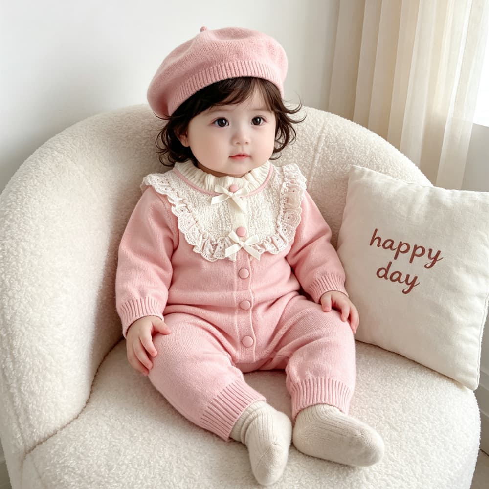 [2-Piece Set] 26 Autumn/Winter Knit Yarn Baby Girl Bodysuit + Beret Princess Style Baby Girl Romper