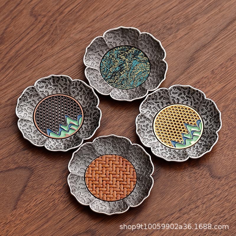 Chinese Style Silver Alloy Tea Cup Mat Bamboo Mat Heat Resistant Tea Cup Coaster Gongfu Tea Accessories with Storage Rack
