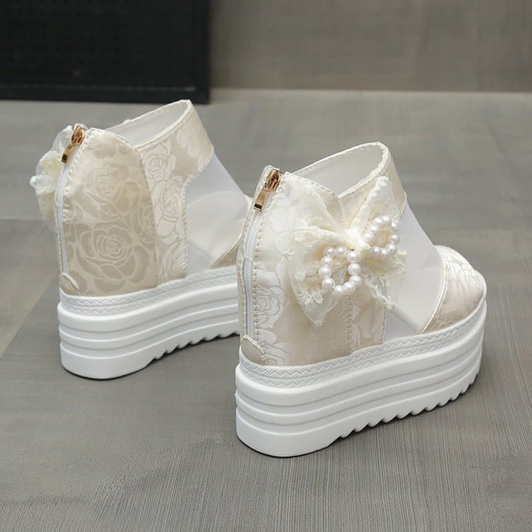 Wedge High Heel Sandals 12CM Platform Chunky Heel Mesh Peep Toe Shoes Spring Summer New Style Height Increasing Women's Shoes