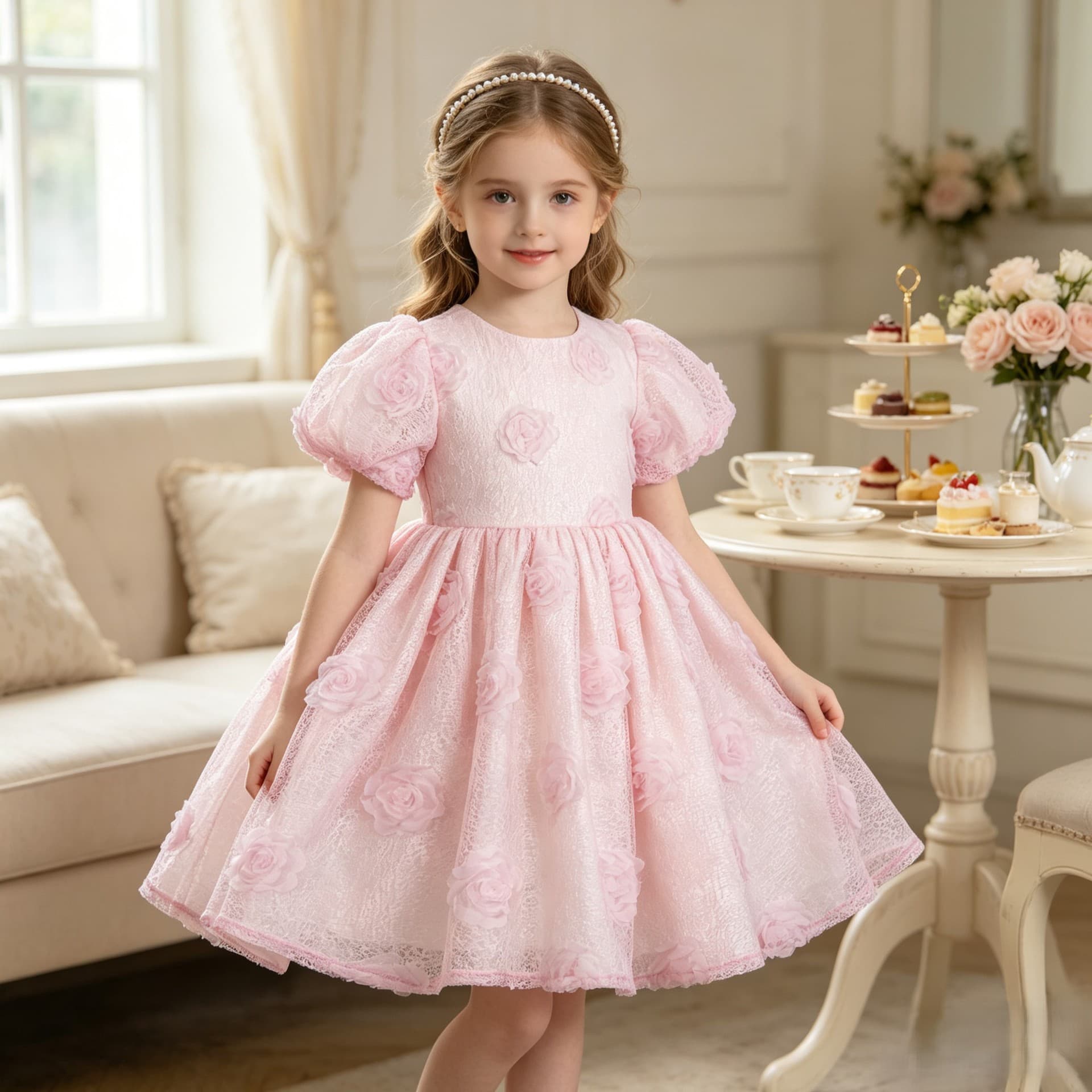 Girls Princess Dress New Three-dimensional Lace Rose First Birthday Host Performance Niche Performance Costumes in Stock