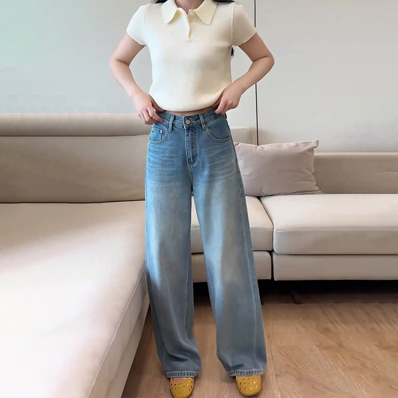 Light Blue Denim Wide-Leg Pants for Women, Slimming for Pear Shape, 2026 Summer Thin Style, Petite Flowy Straight-Leg Pants