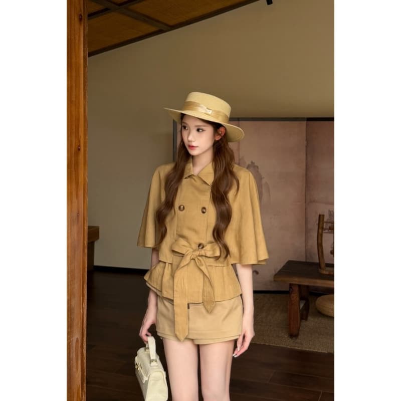 Double-Breasted Cape Shirt for Women, Waist-Tightening Slimming Jacket, Chic Commuter Poncho Top