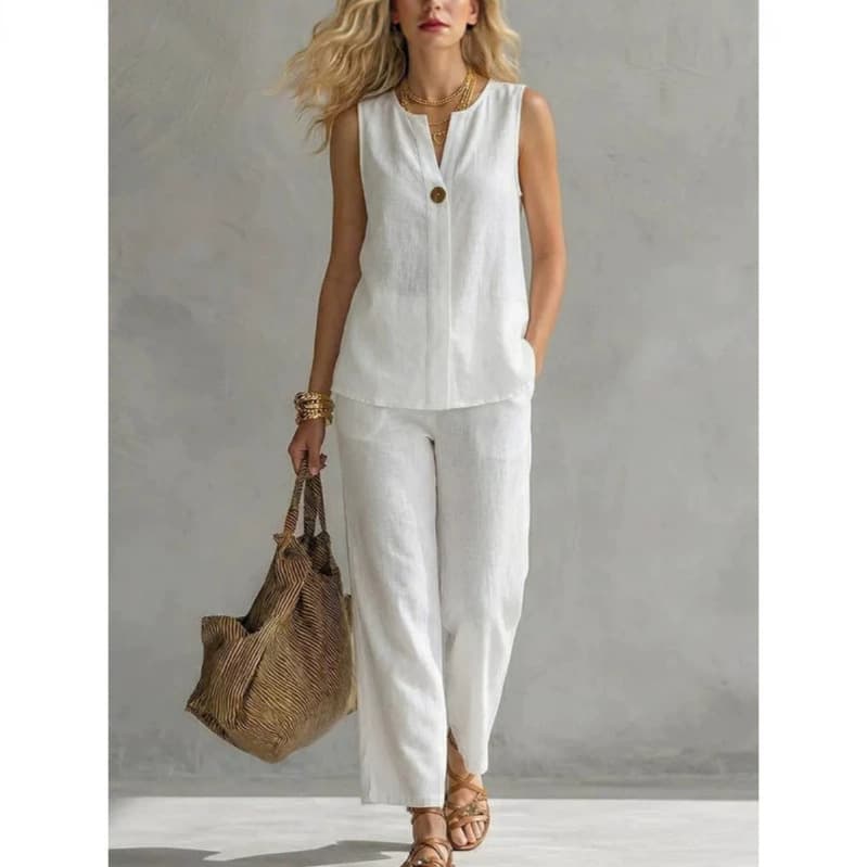 2026 European and American Cross-Border Summer Amazon New Casual Women's Cotton Linen Sleeveless V-Neck Top and Pants Set
