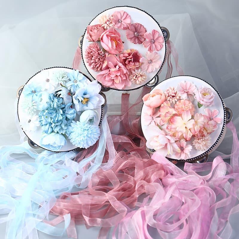 Fairy Silk Flower Hand Drum with Ribbon Tambourine, Hanfu Photography Prop, Ethnic Dance Hand Drum Tambourine for Dance Performance