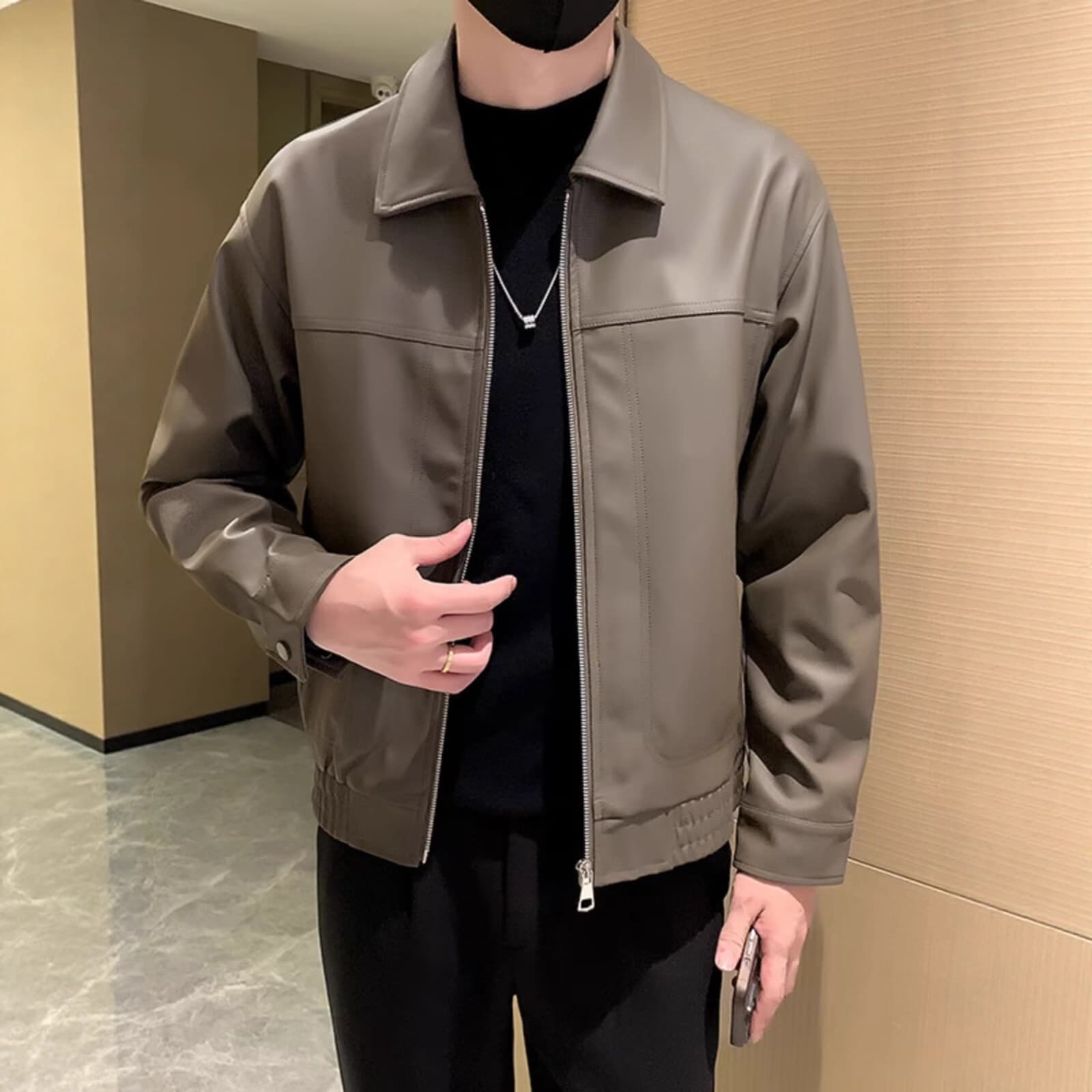 New Spring/Autumn Stylish Motorcycle Leather Jacket for Men, Trendy Casual Minimalist Solid Color Short Leather Coat