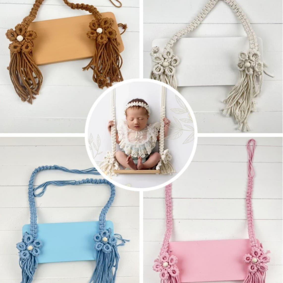Newborn Hand-Knitted Photography Props Wooden Bohemian Autumn Wind Lace Swing Retro Baby Props