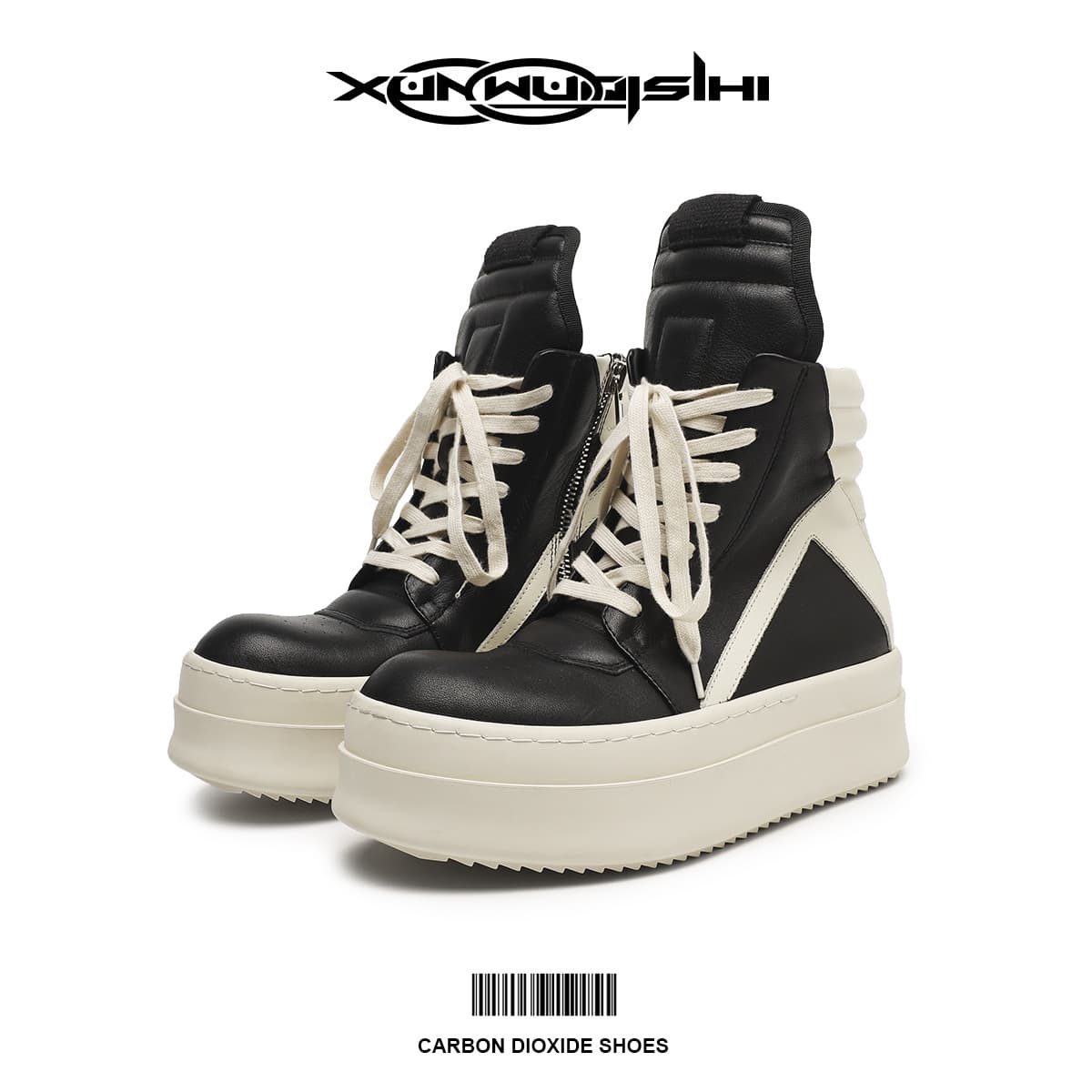 2024 New Inverted Triangle Thick Sole Sneakers Men's Autumn/Winter Black and White Fashion Genuine Leather Dark High Street Couple Trend Shoes