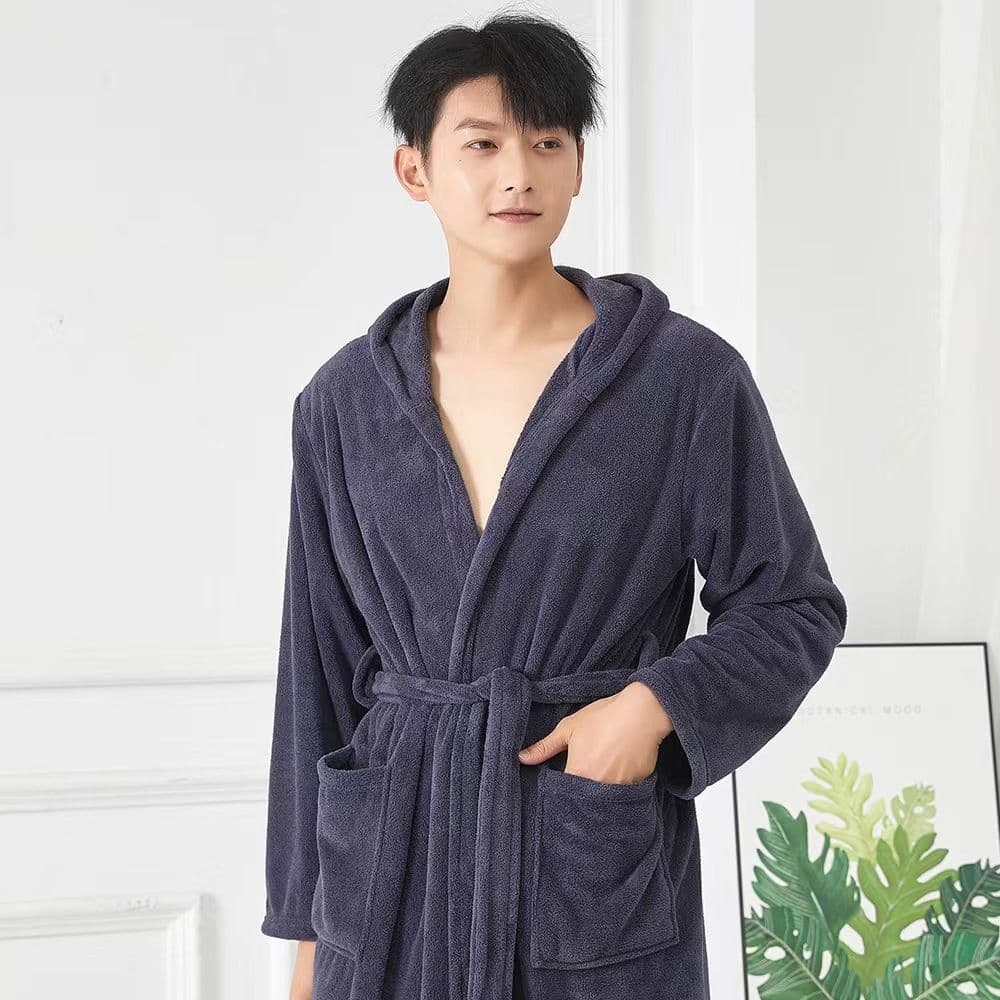 Soft Plus Size Hooded Bathrobe Couples Matching Sleepwear Polyester Fiber Coral Fleece Autumn Winter Home Clothes for Men and Women
