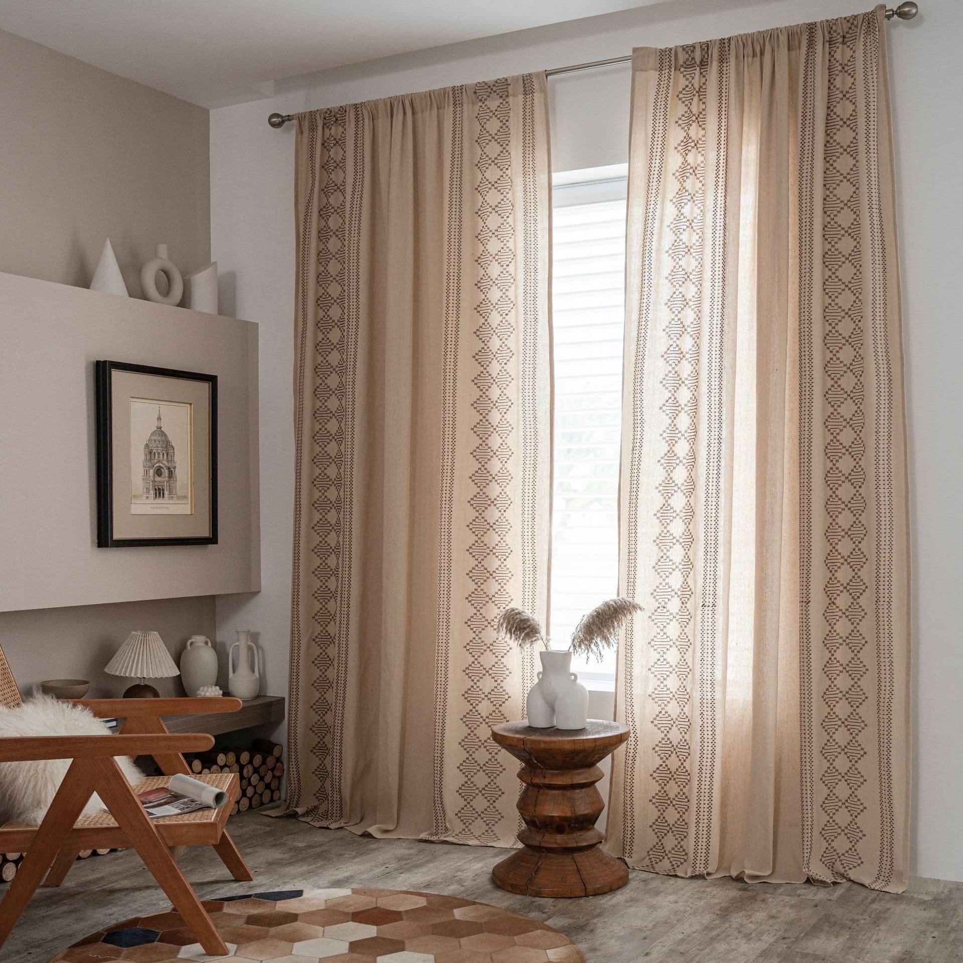 YMQY Embroidered Geometric Cotton Linen Kitchen Curtain Half Light Blocking American Style Decorative Restaurant Space Window Treatment