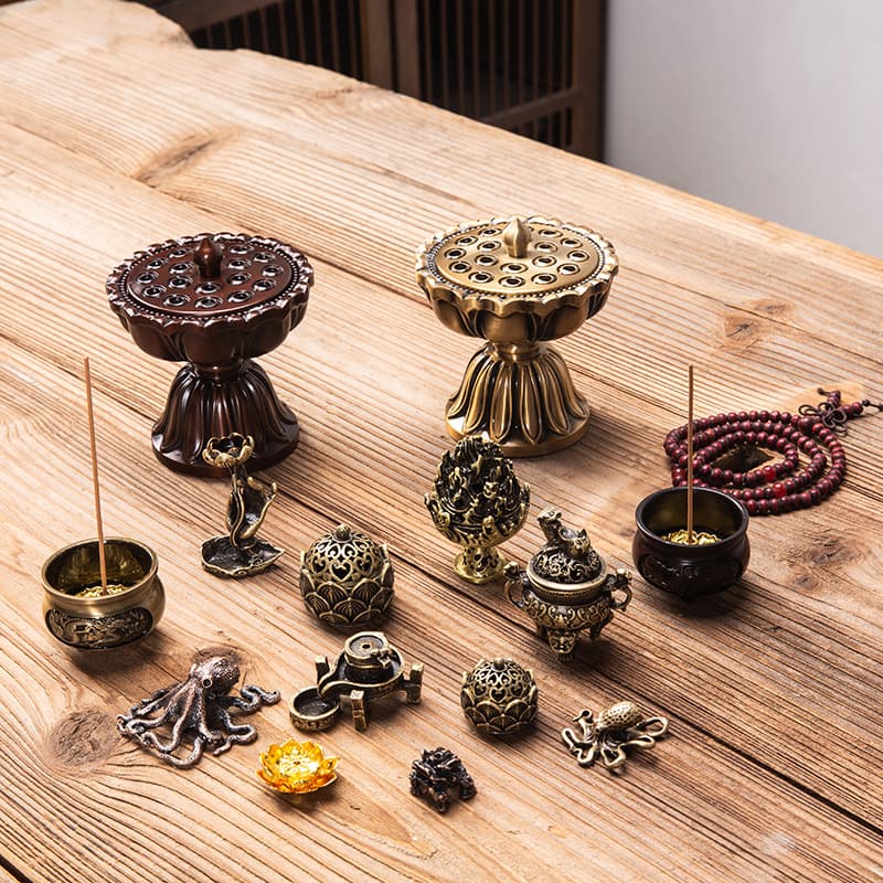 Copper Gourd Incense Holder Nine-Hole Incense Base Mini Creative Japanese-Style Drop-Shaped Concealed Incense Stick Antique Small Incense Burner Lotus Furnace Accessories