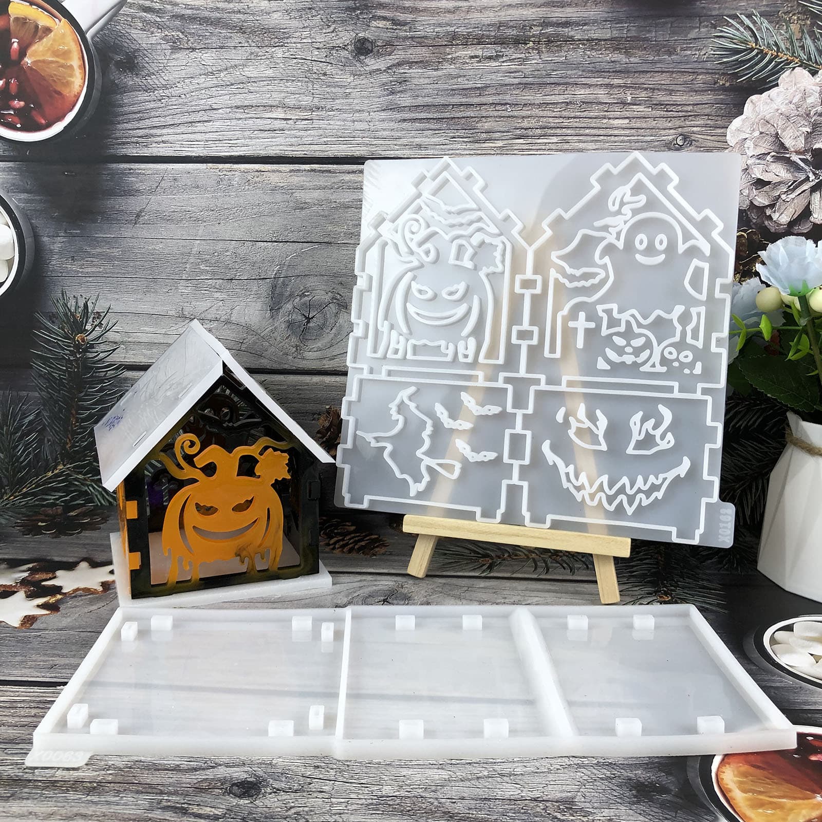 X0162+X0063 Halloween Small House Crystal Resin Decoration Mold, DIY Silicone Mold