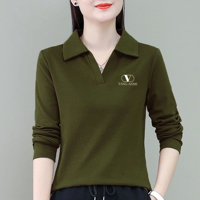 Solid color polo collar t-shirt for women, spring and autumn new style, long-sleeved outerwear, base layer top.