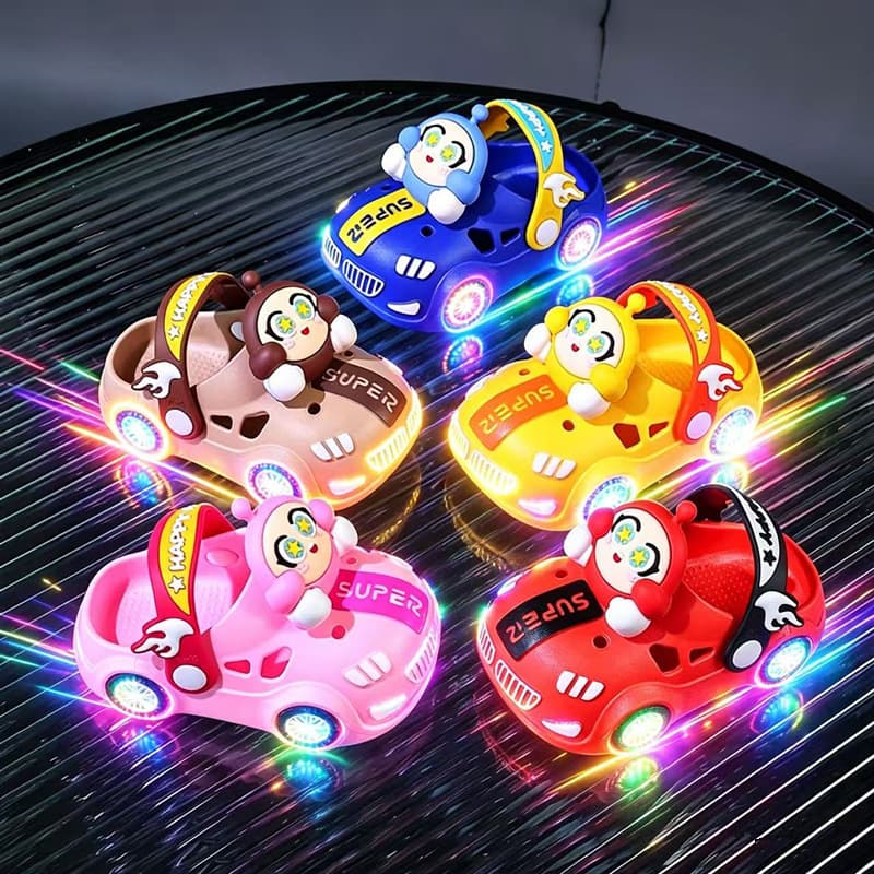 Children's Summer Sandals Cartoon Car Design Soft Sole Non-Slip Toddler Shoes with LED Lights for Ages 1-8
