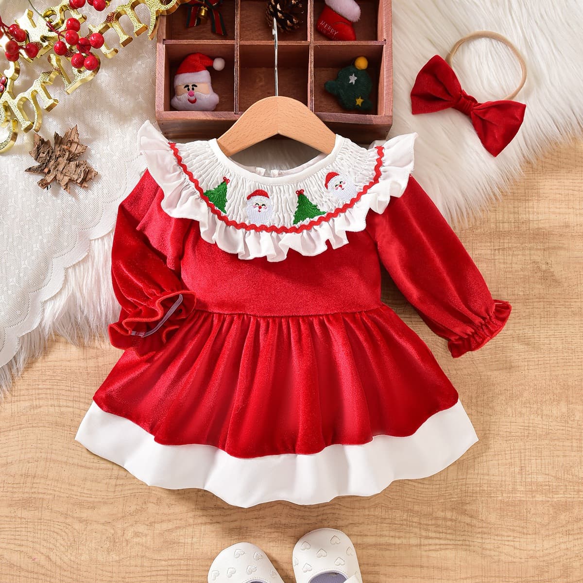 Baby Christmas Red Velvet Dress Two-Piece Set Santa Claus Embroidered Collar + Red Bow Headband Set