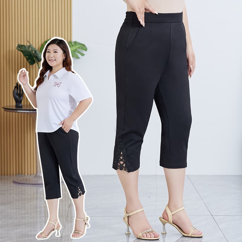 New Summer Stretch Casual Pants for Plus Size Women, High Waist Slimming Capri Pants, Lace Trim 7/8 Length
