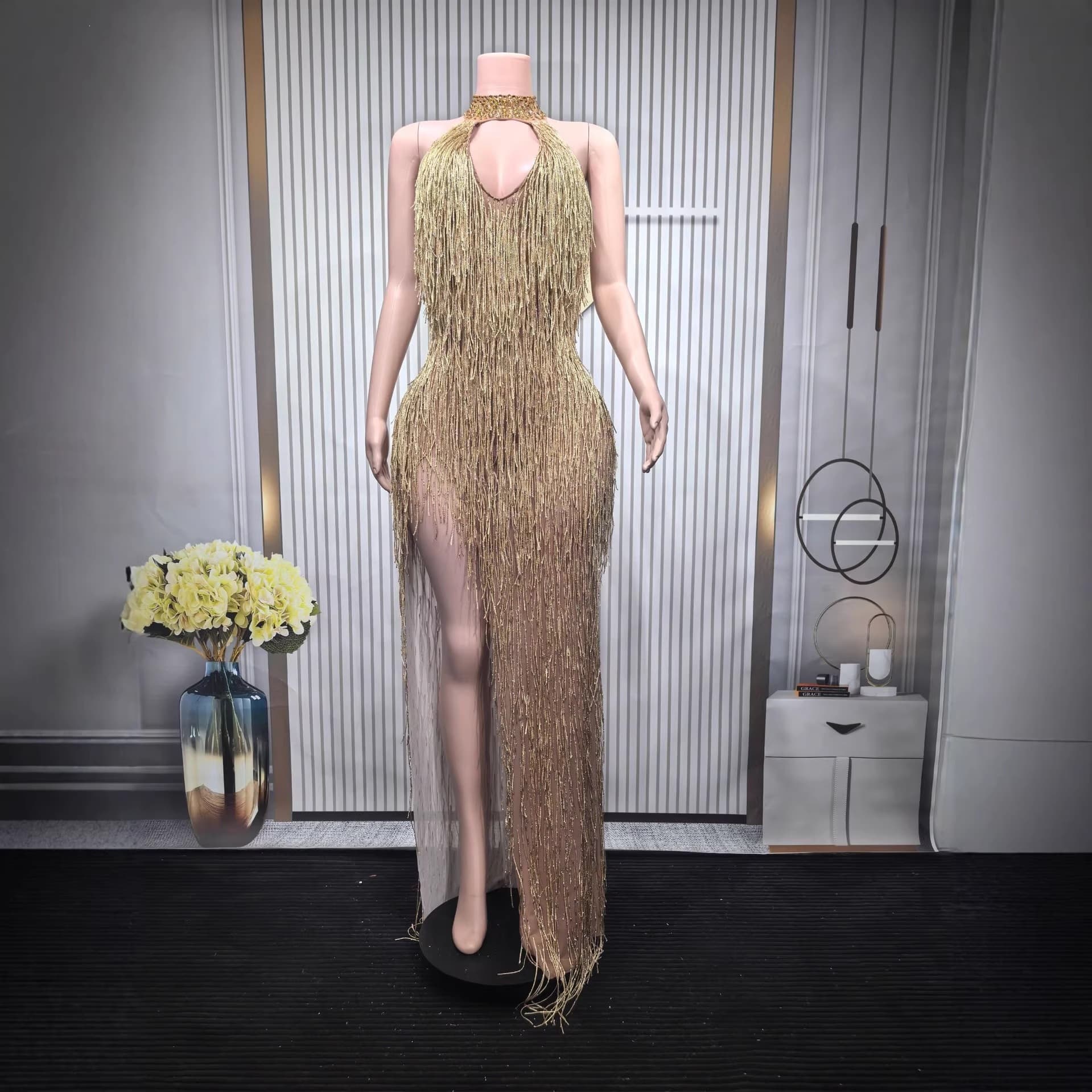 European and American sparkling tassel long-sleeved talent show clothes nightclub gogo dress long slim-fitting halterneck evening dress