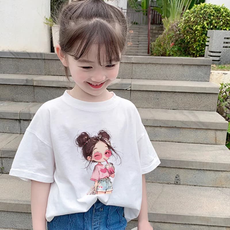 Girls Summer Cotton Short Sleeve T-Shirt Korean Style Cartoon Little Girl White Top for Middle and Big Kids Base Layer Trendy