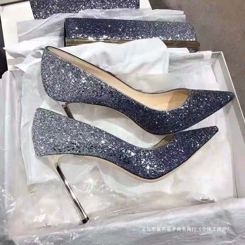 French Gradient High Heels Versatile Sequins Crystal Wedding Shoes 2024 New Style Stiletto Pointed Toe Elegant Shallow Mouth Pumps