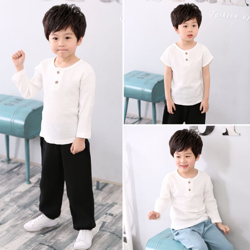 2026 Summer Boys Short Sleeve Cotton Linen T-Shirt, Kids Top, Solid Color Cotton Linen Ethnic Style Children's Clothing
