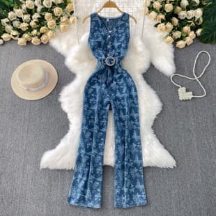 European and American Summer New Retro Jacquard Denim Jumpsuit Women High-End Slim Loose Straight Wide Leg