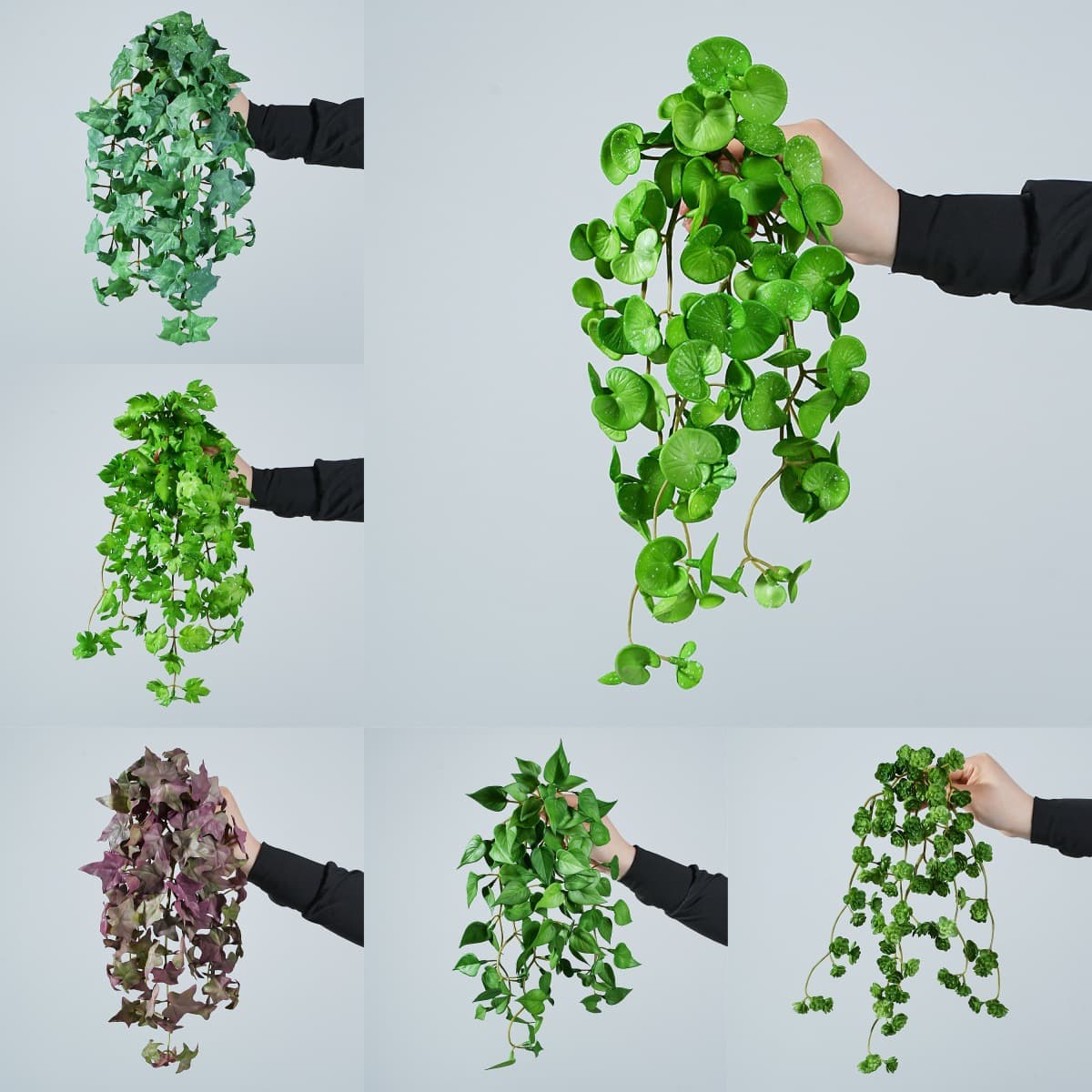Artificial green plants including pennywort, copper coin grass, sweet potato leaves, monstera leaves, soft rubber succulents, hanging landscape potted decoration ornaments