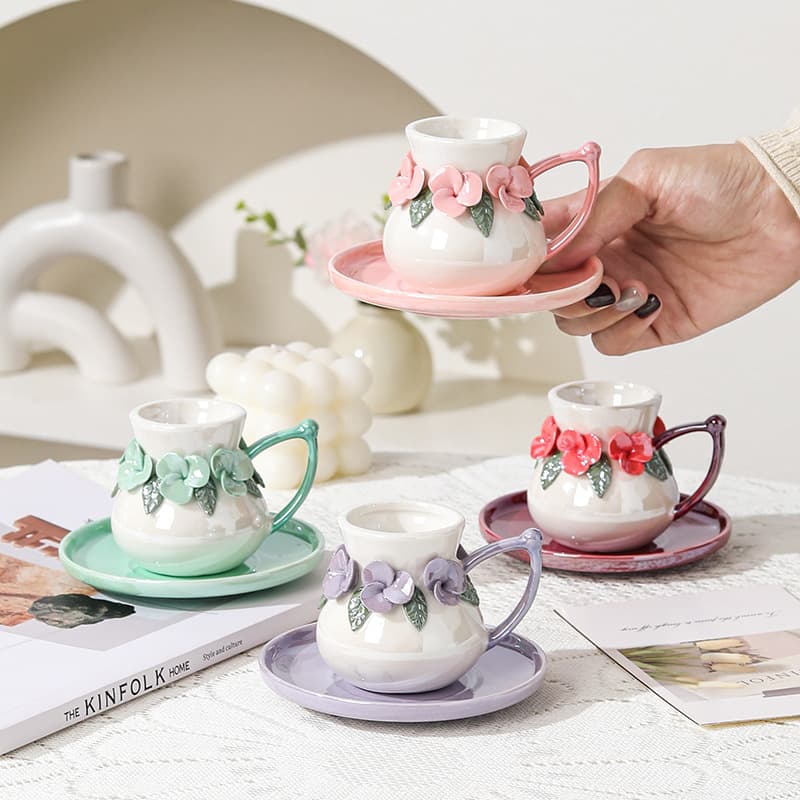 Ceramic Rose Whisper Coffee Cup & Saucer Set, Exquisite Espresso Cup & Saucer Set for Afternoon Tea, Ceramic Coffee Cup Set