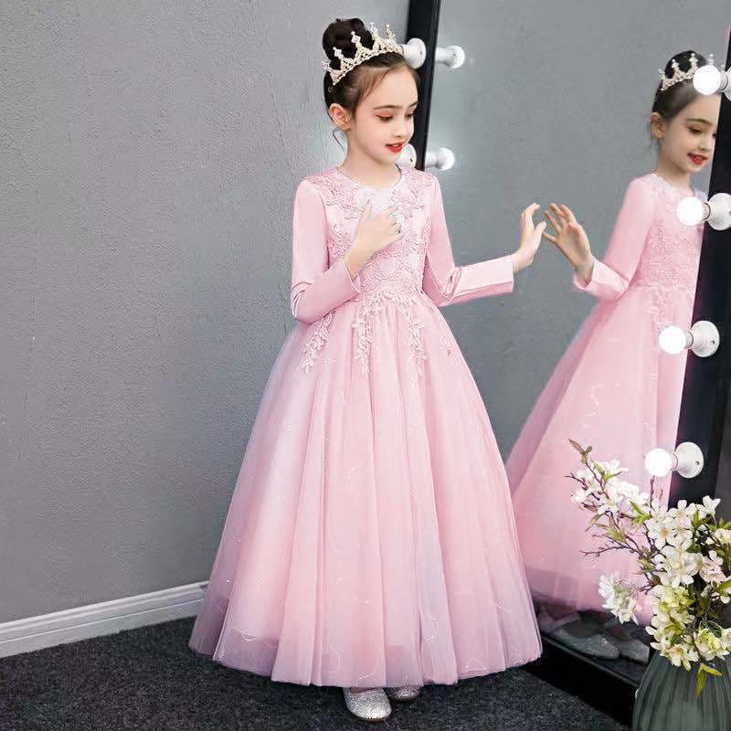 Girls' Formal Dress 2025 New Autumn/Winter Long Mesh Gown with Fleece Lining for Birthday Party Host