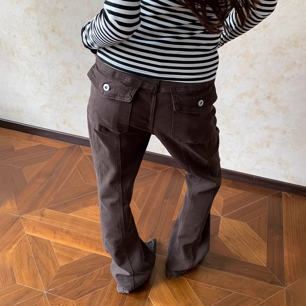Apocket American Vintage Raw Chocolate Brown Low-Waist Casual Pants for Women, Sexy Slight Flare Slim Fit Long Pants for Men