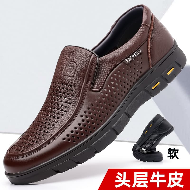 Summer Men's Sandals Soft Sole Anti-Slip Hollow Out Breathable Genuine Leather Business Casual Shoes Comfortable Men's Footwear