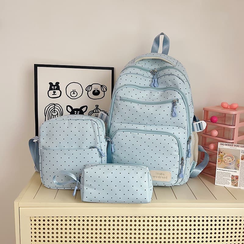 Small fresh polka dot backpack women's three-piece set casual high school student lightweight backpack simple junior high school student school bag