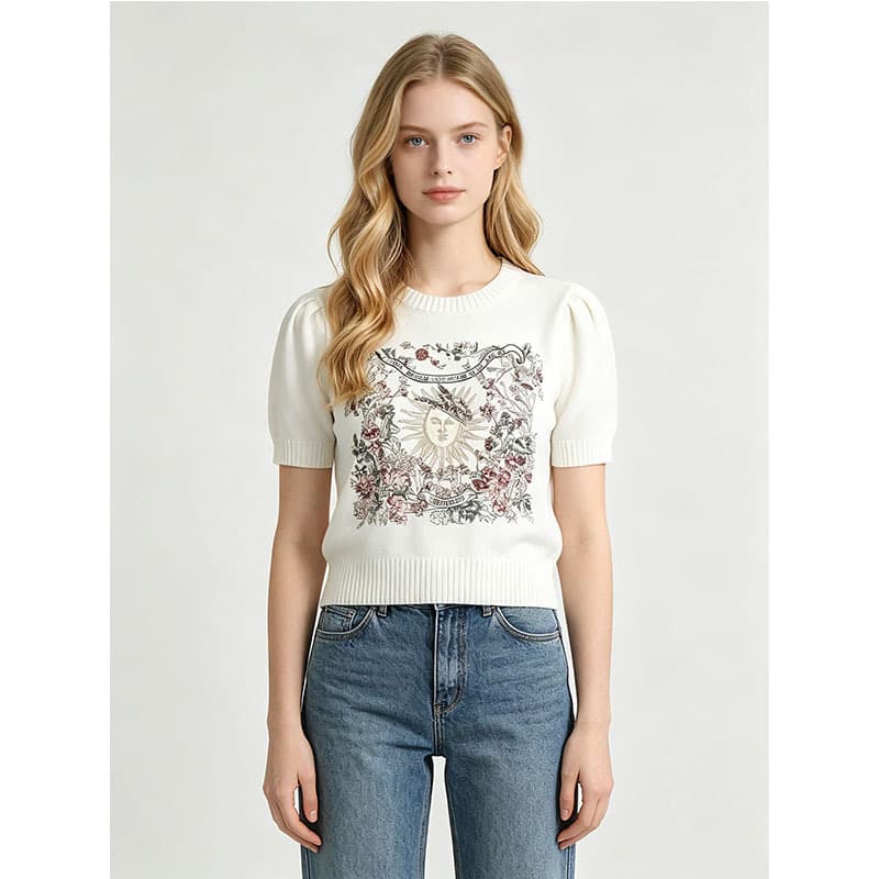 Cross-Border Spring/Summer New Style Sunflower Embroidered Knit Short-Sleeve Women's Off-White Puff Sleeve Cropped Round Neck T-Shirt Top