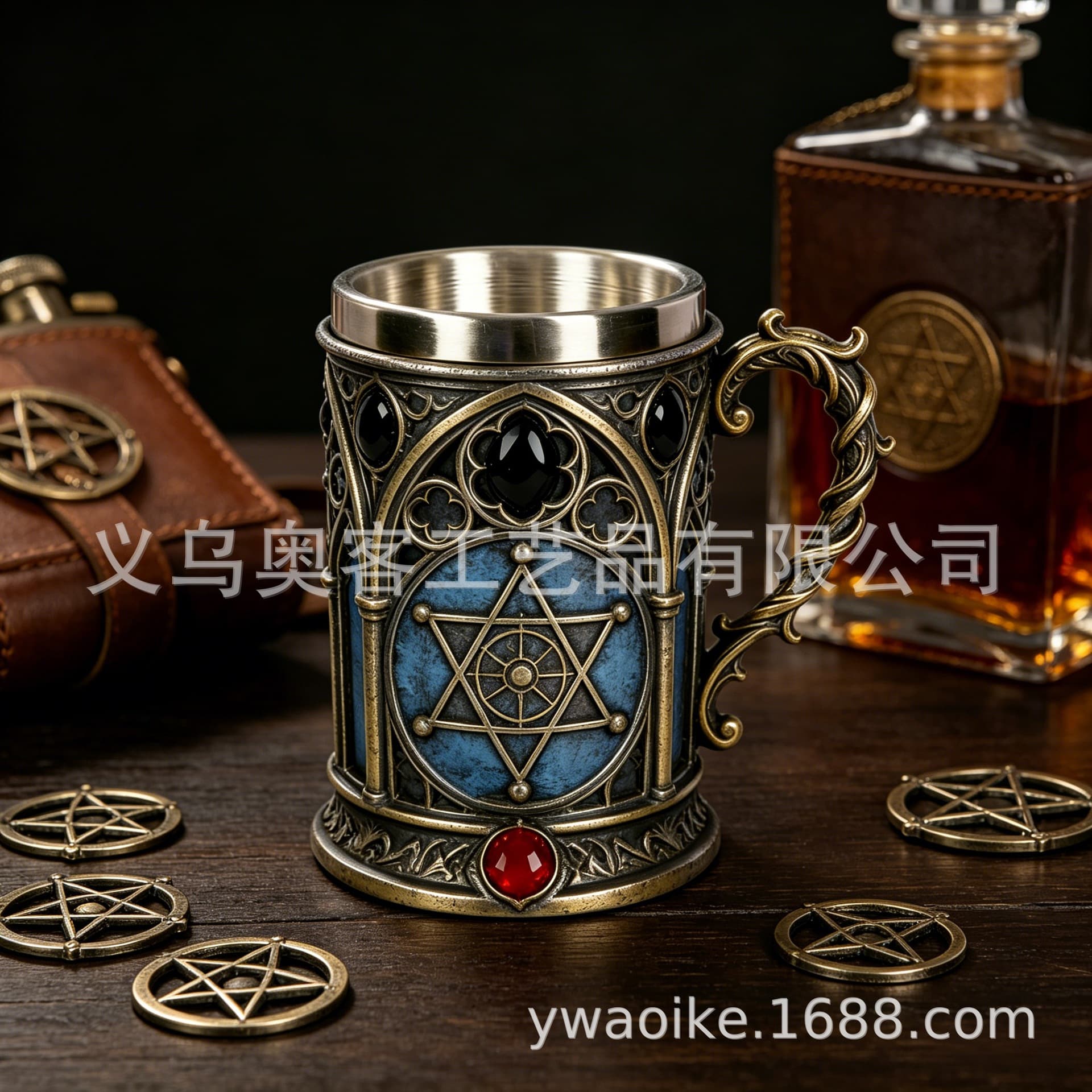 Cross-border Hexagram Magic Array Beer Mug Stainless Steel Inner Liner Dark Occultism Mug Gem Carving Bar Decor