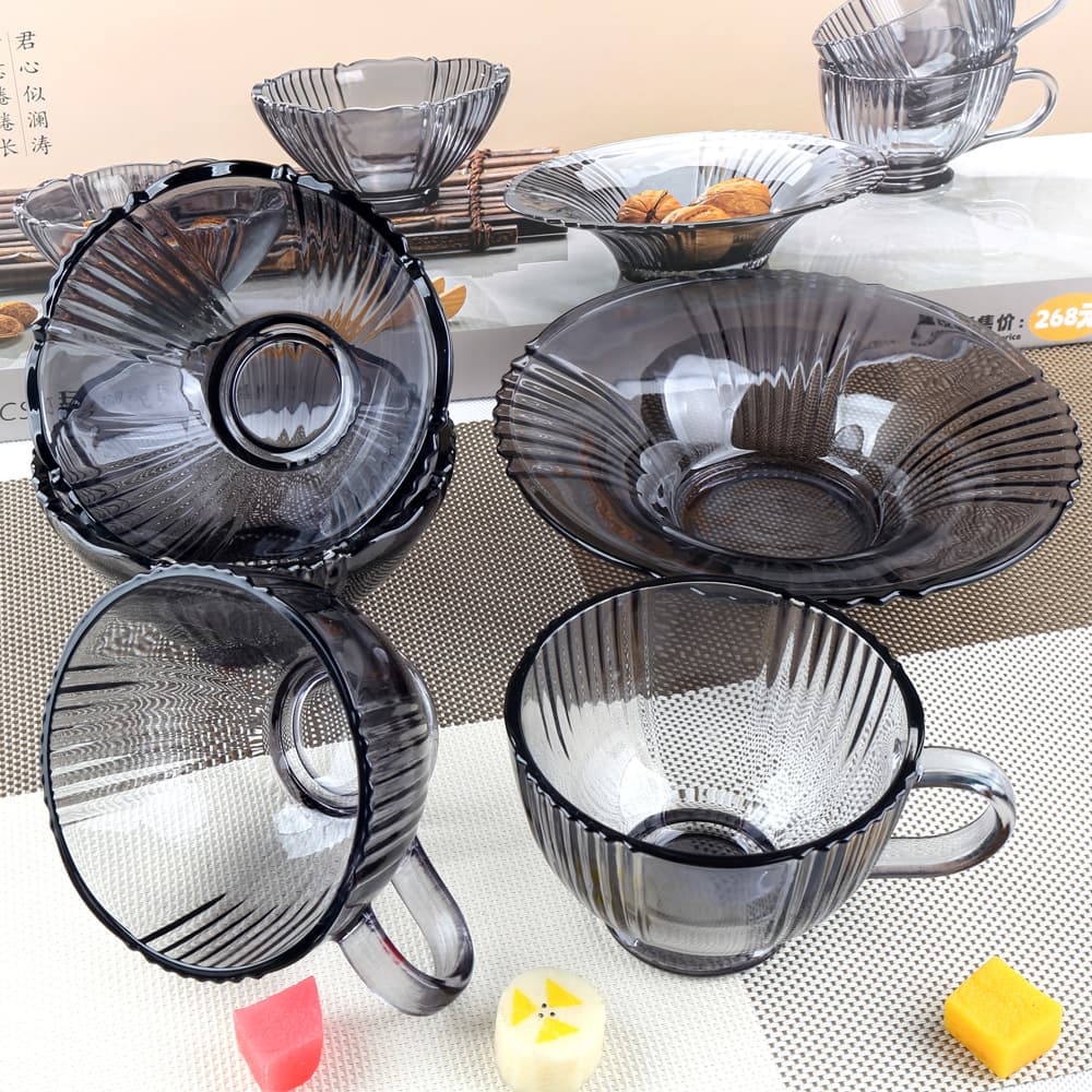 Junlan Glass Salad Bowl Set Nordic Gray with Handle Coffee Cup Bowl Plate Tableware 10-Piece Set Opening Small Gift Box