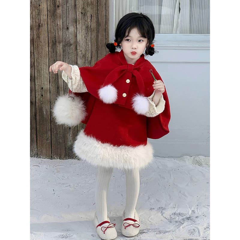 Korean Children's Wear 2025 Fall/Winter New Christmas New Year White Wool Two-Piece Set Girls' Plush Cape Vest Dress