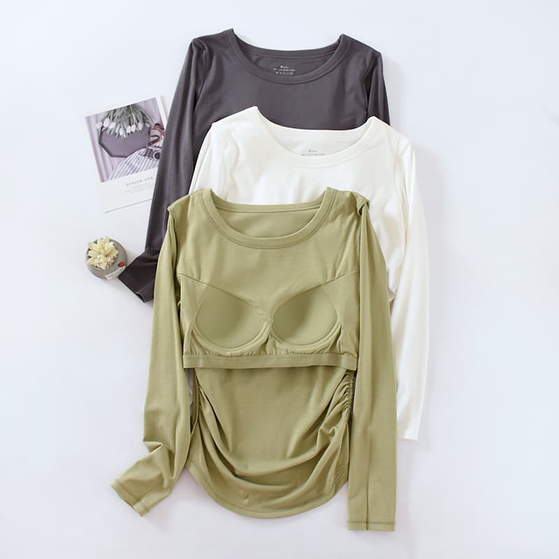 Autumn/Winter Style Round Neck Long Sleeve Women's Base Layer with Padded Bust Gather Tail Hem Slimming No Bra Needed Integrated Top