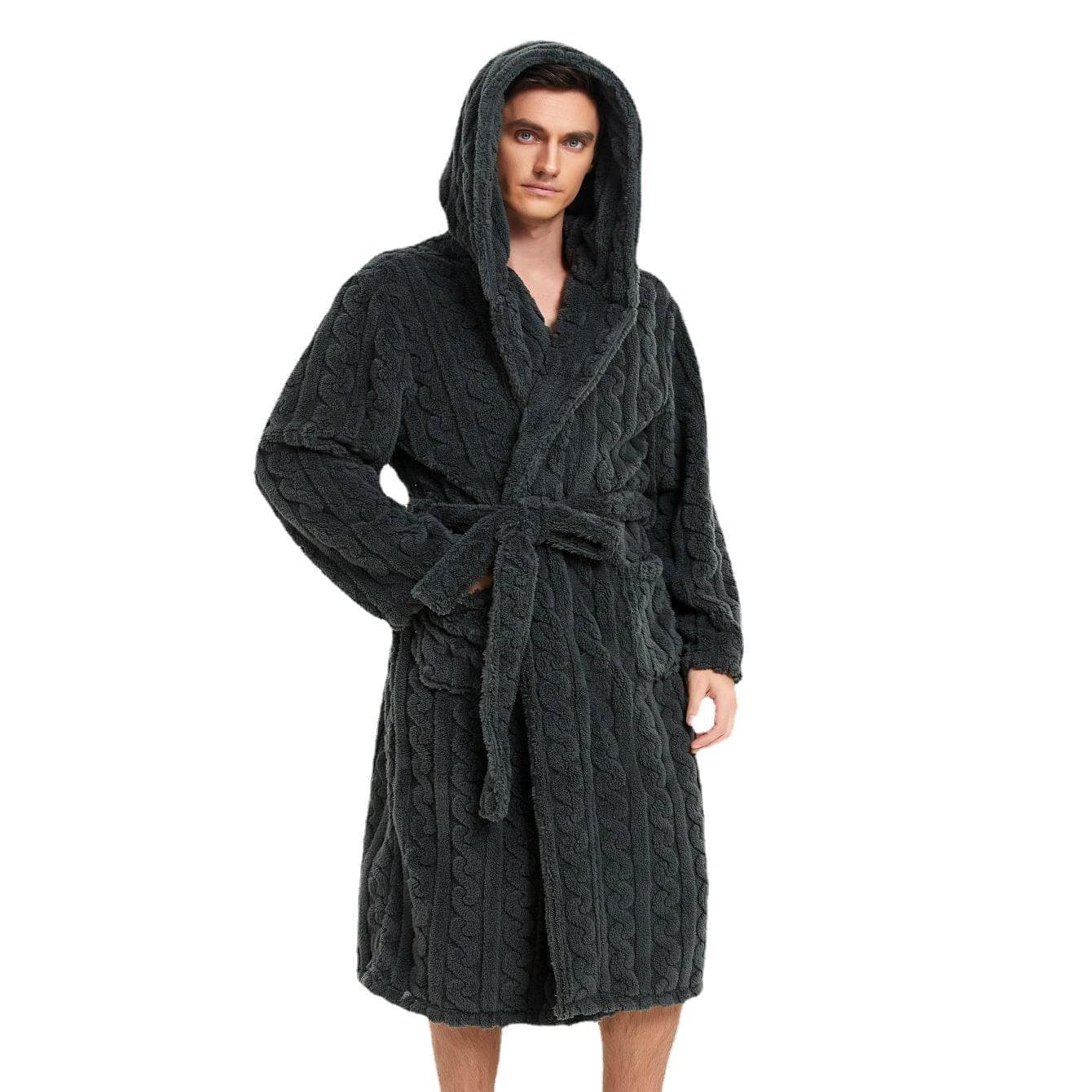 Thickened Plush Hooded Sleepwear Men's Robe European Style Couple's Leisure Home Wear Warm Polyester Fiber V-Neck Winter Robe
