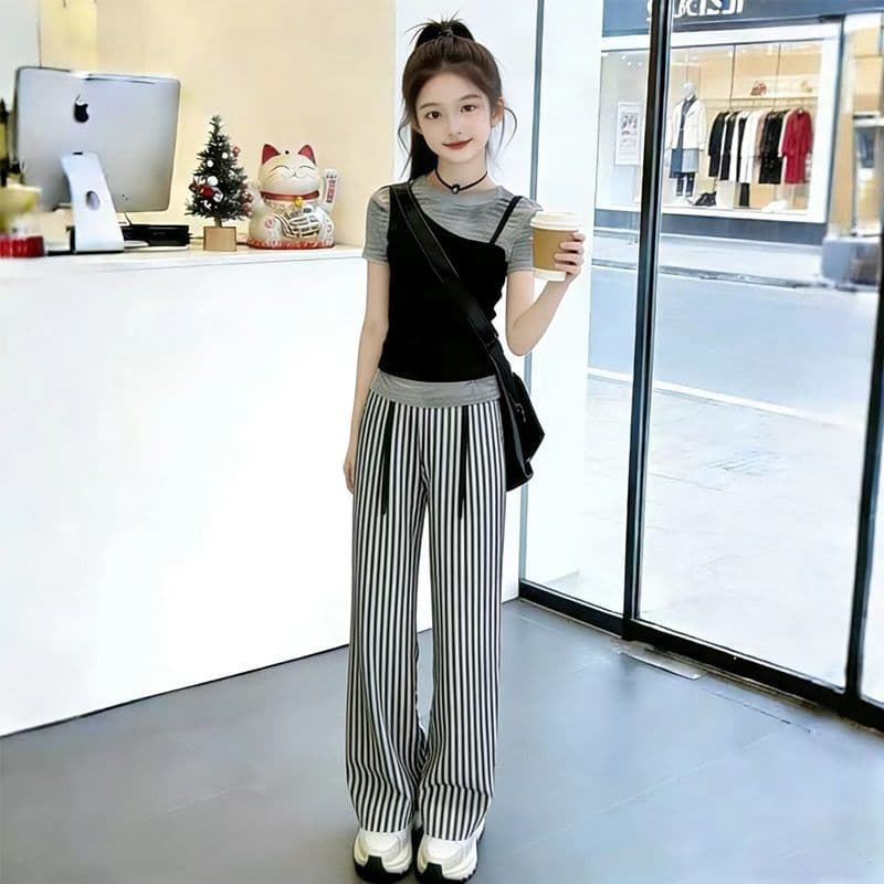 Girls' Outfit 2026 Summer New Style Medium and Big Girls Trendy Short Sleeve Summer Clothes Children Korean Style Chic Two-Piece Set